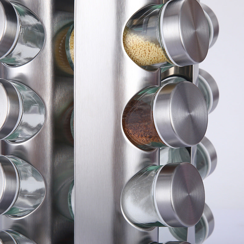 Modern stainless steel round rotating spice rack with 12 empty glass jars (88 ml each) - Flavour Fushion Cooking Shop
