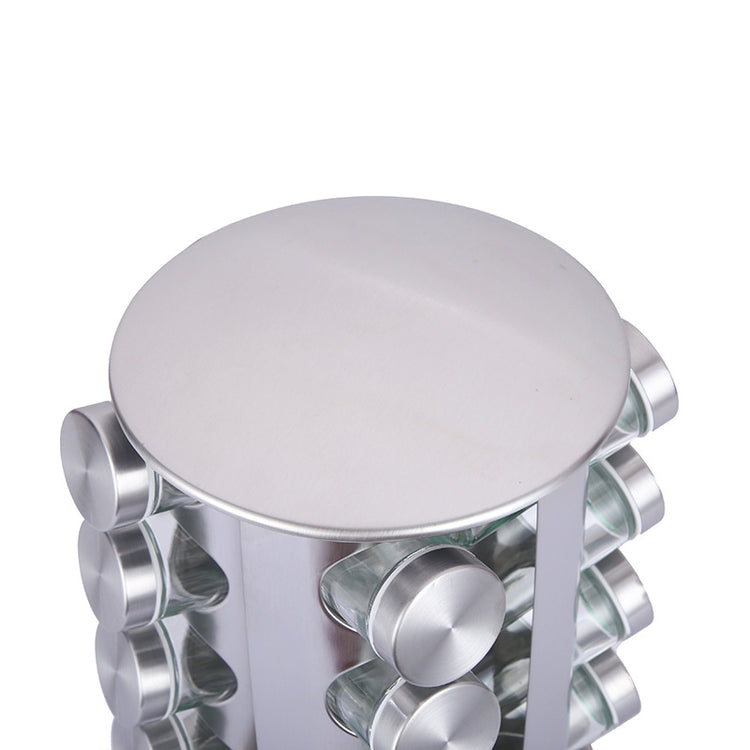 Modern stainless steel round rotating spice rack with 12 empty glass jars (88 ml each) - Flavour Fushion Cooking Shop