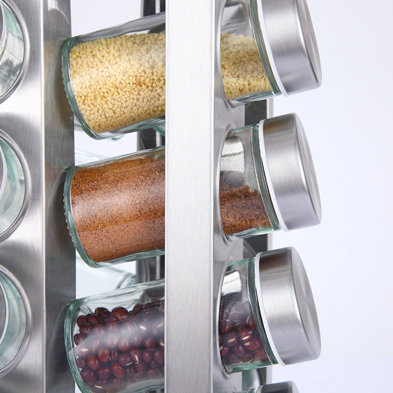 Modern stainless steel square spice revolving rack with 16 (88 ml each) empty glass jars