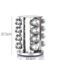 Modern stainless steel round-top rotating spice rack with 16 empty glass jars (88 ml each)