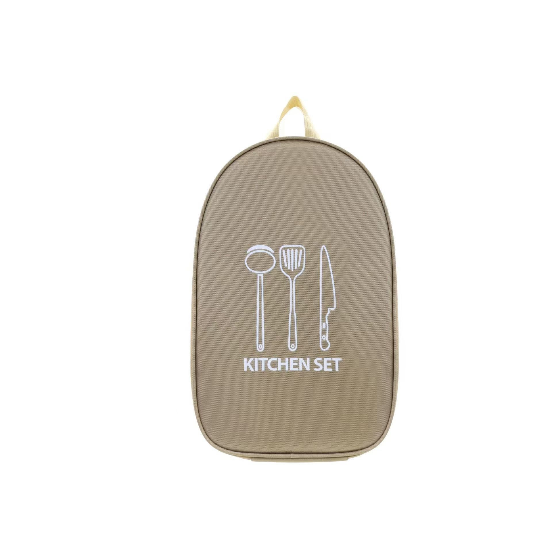 Khaki Portable Camping Kitchen Utensil Organizer - Travel Cookware Storage Bag for BBQ & Picnics