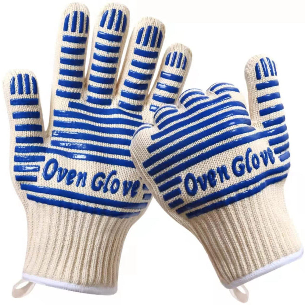 Blue and White Extreme Heat Resistant BBQ Gloves - Cut-Resistant Oven Mitts with Non-Slip Silicone Grip - Flavour Fushion Cooking Shop