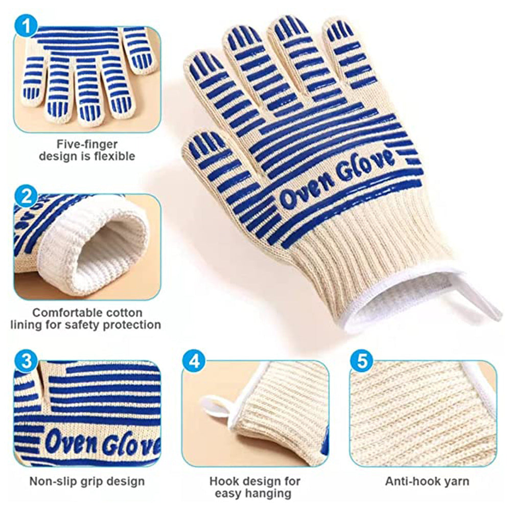 Blue and White Extreme Heat Resistant BBQ Gloves - Cut-Resistant Oven Mitts with Non-Slip Silicone Grip - Flavour Fushion Cooking Shop