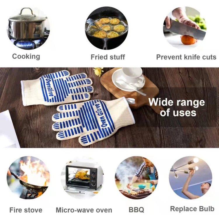 Blue and White Extreme Heat Resistant BBQ Gloves - Cut-Resistant Oven Mitts with Non-Slip Silicone Grip - Flavour Fushion Cooking Shop
