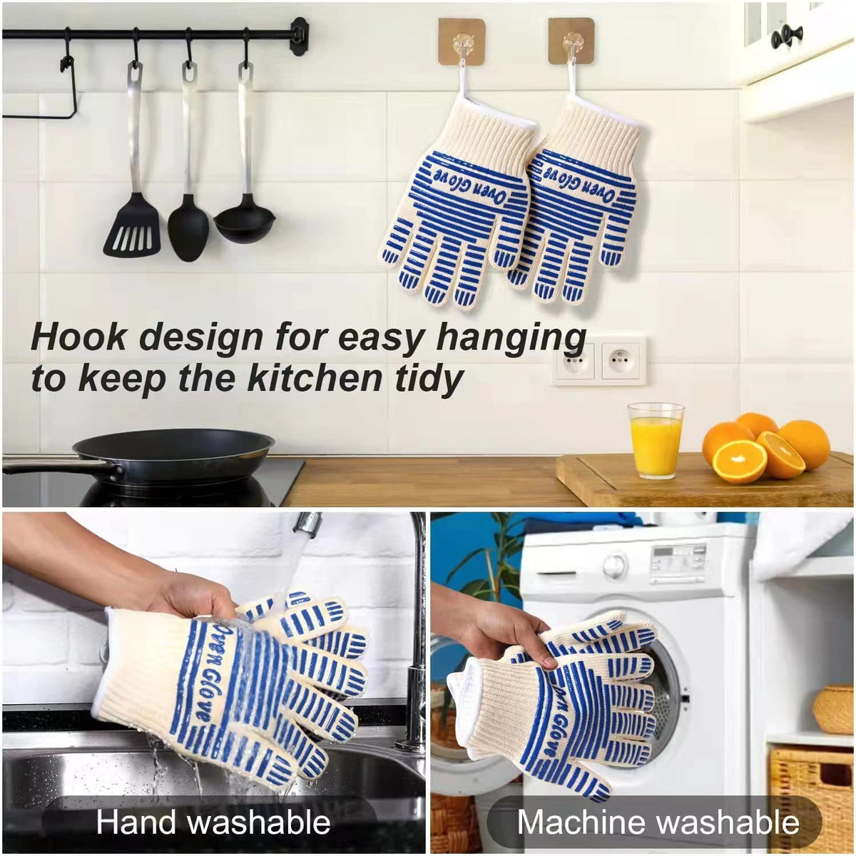 Blue and White Extreme Heat Resistant BBQ Gloves - Cut-Resistant Oven Mitts with Non-Slip Silicone Grip - Flavour Fushion Cooking Shop