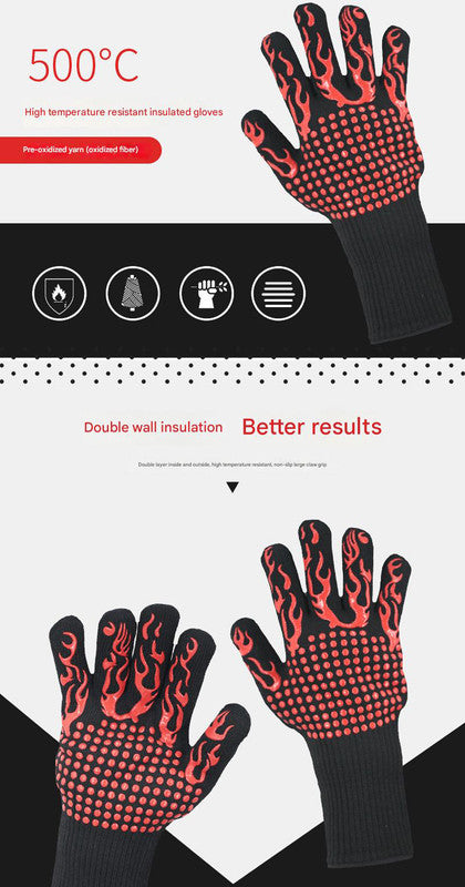 Red Flame Pattern Extreme Heat Resistant BBQ Gloves - 500°C - Flavour Fushion Cooking Shop