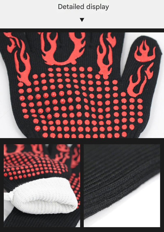 Red Flame Pattern Extreme Heat Resistant BBQ Gloves - 500°C - Flavour Fushion Cooking Shop