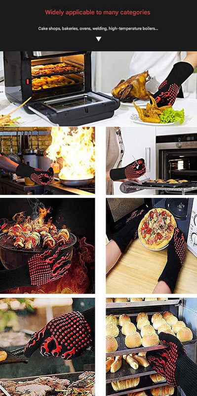Red Flame Pattern Extreme Heat Resistant BBQ Gloves - 500°C - Flavour Fushion Cooking Shop