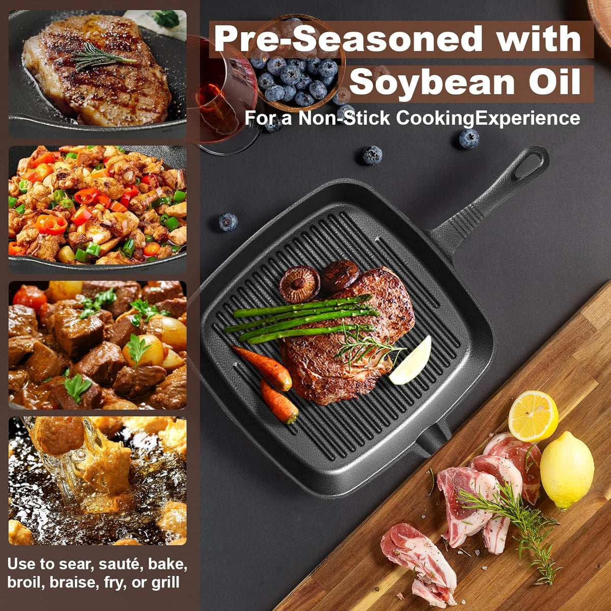 Three-piece set Heavy Duty Cast Iron Skillet & Grill Pan - Flavour Fushion Cooking Shop