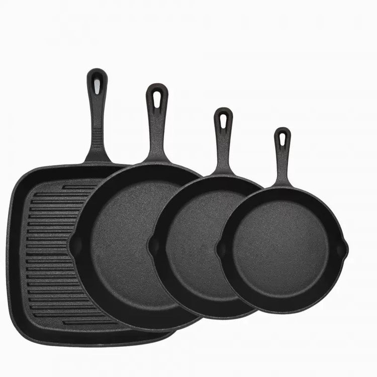 Four-piece set Heavy Duty Cast Iron Skillet & Grill Pan - Flavour Fushion Cooking Shop