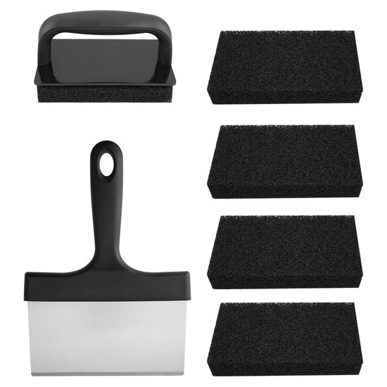Stainless Steel BBQ Griddle and Grill Cleaning Tool Set - Scraper, 4  Cleaning Pad with TPR Handle Kit for Deep Cleaning - Flavour Fushion Cooking Shop
