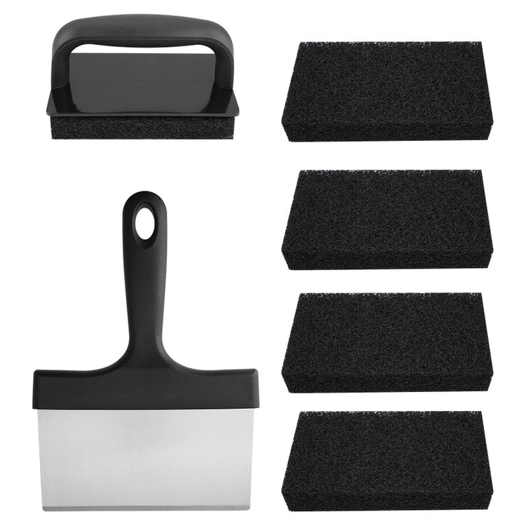 Stainless Steel BBQ Griddle and Grill Cleaning Tool Set - Scraper, 4  Cleaning Pad with TPR Handle Kit for Deep Cleaning - Flavour Fushion Cooking Shop