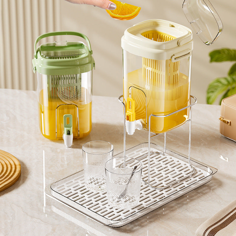 Yellow Refrigerator Beverage Dispenser with Faucet and Plastic Fruit Filter 3.5L Cold Water Jug includes Metal Stand and Drip Tray Portable Drink Solution for Local Home Use