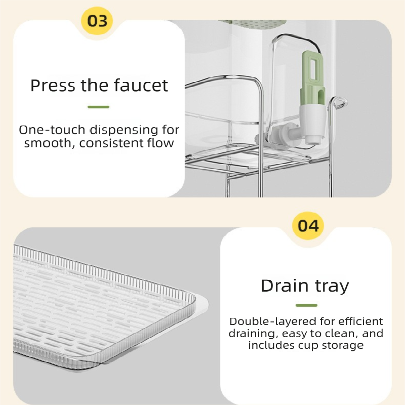 Green Refrigerator Beverage Dispenser with Faucet and Plastic Fruit Filter 3.5L Cold Water Jug includes Metal Stand and Drip Tray Portable Drink Solution for Local Home Use