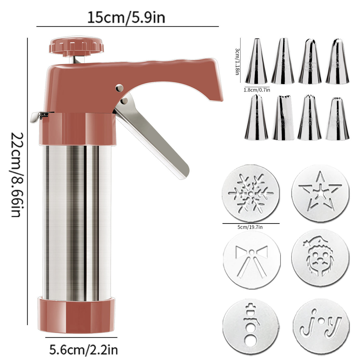 Stainless Steel Cookie Press Maker Kit with 8 Icing Tips and 6 Christmas Discs Red Manual Biscuit Press Machine - Flavour Fushion Cooking Shop