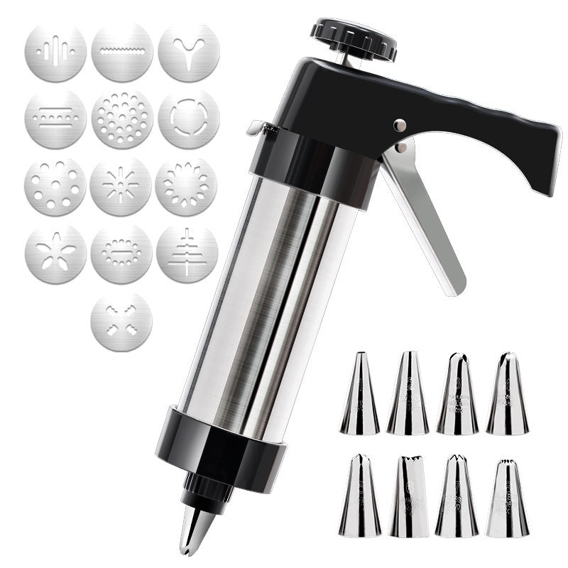 Stainless Steel Cookie Press Maker Kit with 13 Disc Molds and 8 Icing Tips Black Manual Biscuit Machine Set - Flavour Fushion Cooking Shop