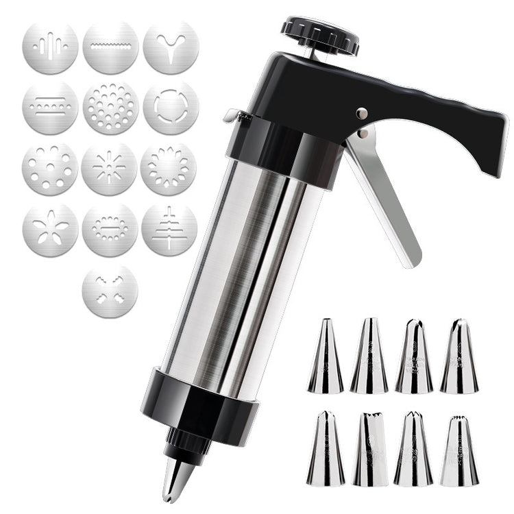 Stainless Steel Cookie Press Maker Kit with 13 Disc Molds and 8 Icing Tips Black Manual Biscuit Machine Set - Flavour Fushion Cooking Shop