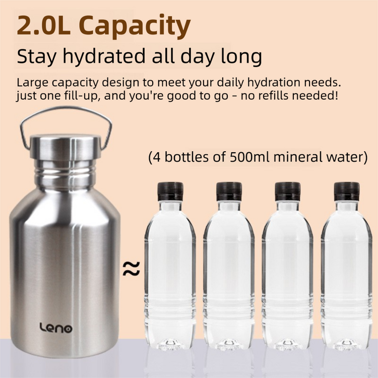 2L Large Capacity Outdoor Sports Adventure Water Bottle - Food-Grade 304 Stainless Steel - Flavour Fushion Cooking Shop