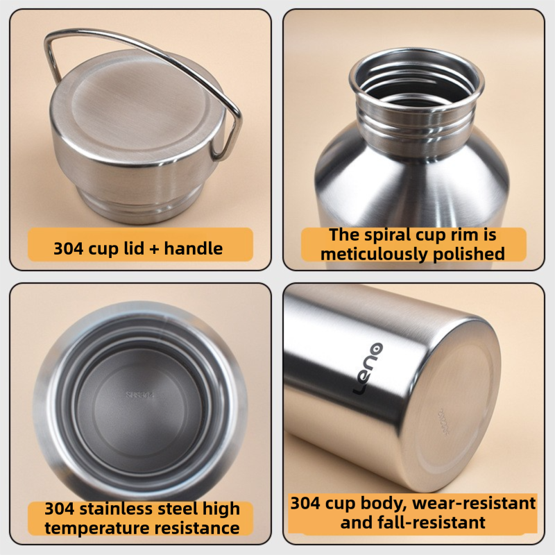 2L Large Capacity Outdoor Sports Adventure Water Bottle - Food-Grade 304 Stainless Steel with Portable Handle & 7cm Wide Mouth