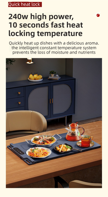 Blue 65x38CM Roll-Up Food Warming Silicone Mat with Precise Temprature Control & 240W High Power - Waterproof and Oilproof Thermal Table Pad - Flavour Fushion Cooking Shop