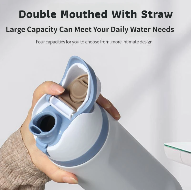 24oz Blue Large Thermal Water Bottle with Dual-Sipping Lid & Built-in Straw - Leak-Proof 304 Stainless Steel Outdoor Sports Flask