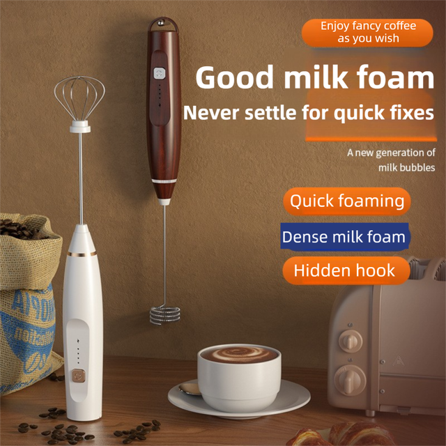 Black Wireless 3-Speed Milk Frother & Egg Whisk with Dual Mixing Heads & Hidden Hook - Handheld USB Rechargeable Foam Maker for Coffee, Cream & Baking