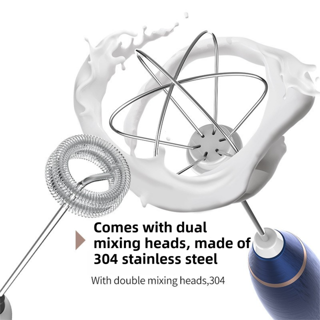 Black Wireless 3-Speed Milk Frother & Egg Whisk with Dual Mixing Heads & Hidden Hook - Handheld USB Rechargeable Foam Maker for Coffee, Cream & Baking