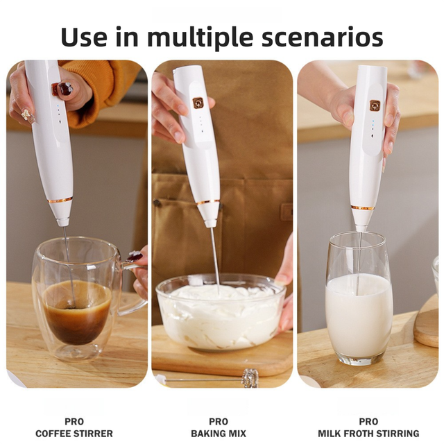 White Wireless 3-Speed Milk Frother & Egg Whisk with Dual Mixing Heads & Hidden Hook - Handheld USB Rechargeable Foam Maker for Coffee, Cream & Baking