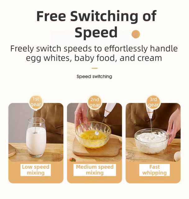 Blue Wireless 3-Speed Milk Frother & Egg Whisk with Dual Mixing Heads & Hidden Hook - Handheld USB Rechargeable Foam Maker for Coffee, Cream & Baking