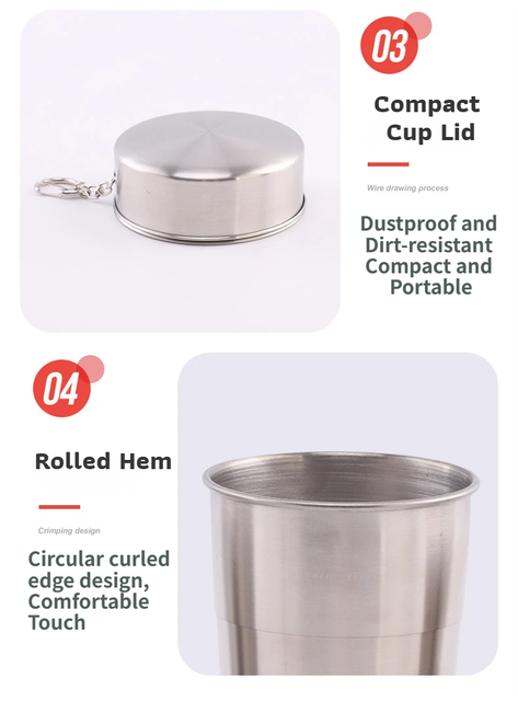 3-Capacity Silver Stainless Steel Collapsible Travel Cup Set(75ml + 150ml + 250ml) - Compact Telescopic Drinking Cup with Keychain & Dust-Proof Lid for Outdoor Hiking and Camping