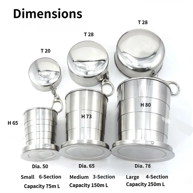 3-Capacity Bronze Stainless Steel Collapsible Travel Cup Set(75ml + 150ml + 250ml) - Compact Telescopic Drinking Cup with Keychain & Dust-Proof Lid for Outdoor Hiking and Camping