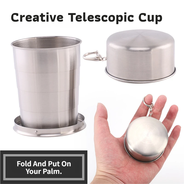 3-Capacity Bronze Stainless Steel Collapsible Travel Cup Set(75ml + 150ml + 250ml) - Compact Telescopic Drinking Cup with Keychain & Dust-Proof Lid for Outdoor Hiking and Camping