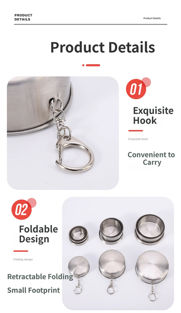 3-Capacity Bronze Stainless Steel Collapsible Travel Cup Set(75ml + 150ml + 250ml) - Compact Telescopic Drinking Cup with Keychain & Dust-Proof Lid for Outdoor Hiking and Camping