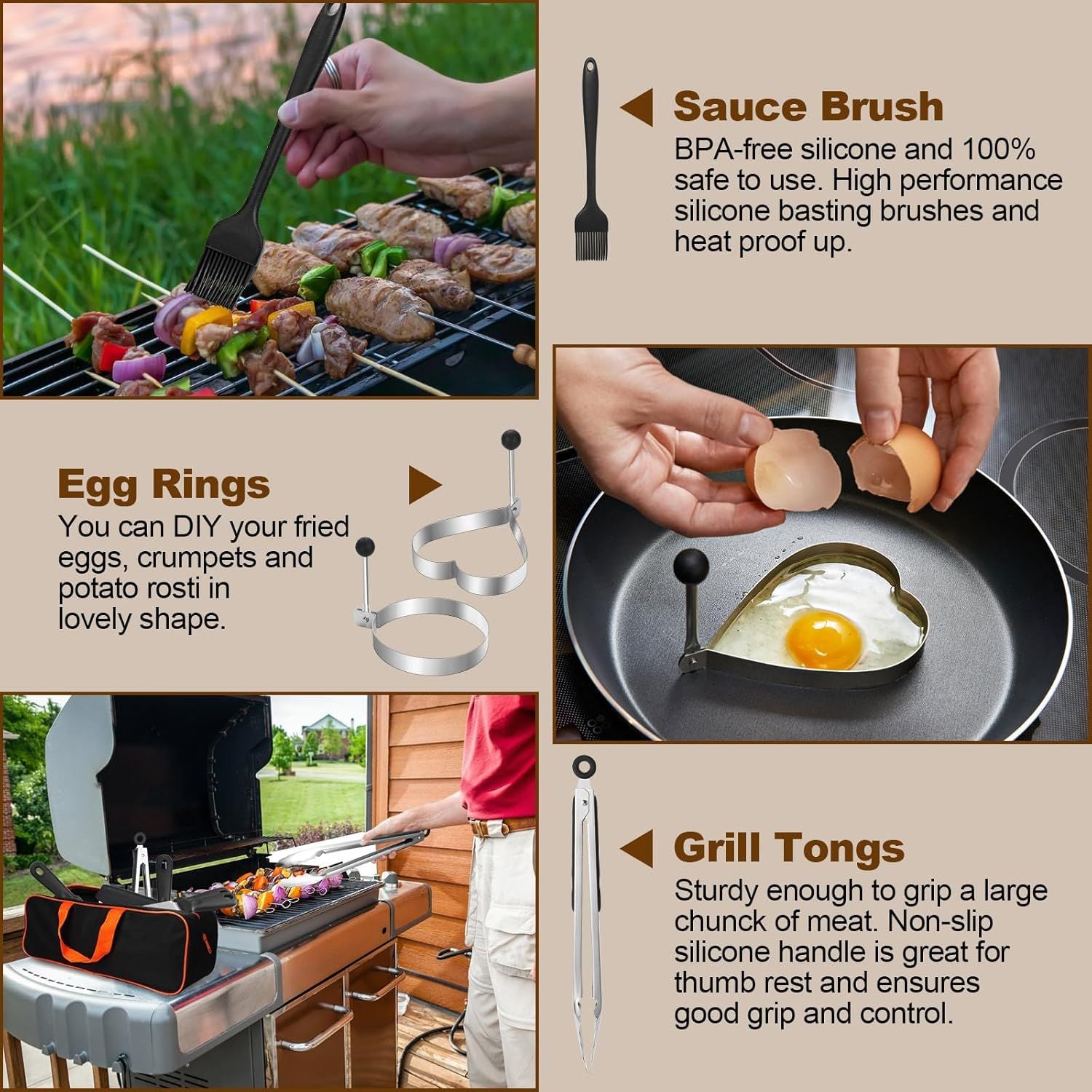 15-Piece Stainless Steel BBQ Griddle Tools and 3-Row Grill Cleaning Wire Brush Set, Portable Outdoor Barbecue Accessories Kit with 4 Spatulas, Tongs, Scraper, Heart / Round Egg Rings, 2 Oil Bottles and Storage Bag