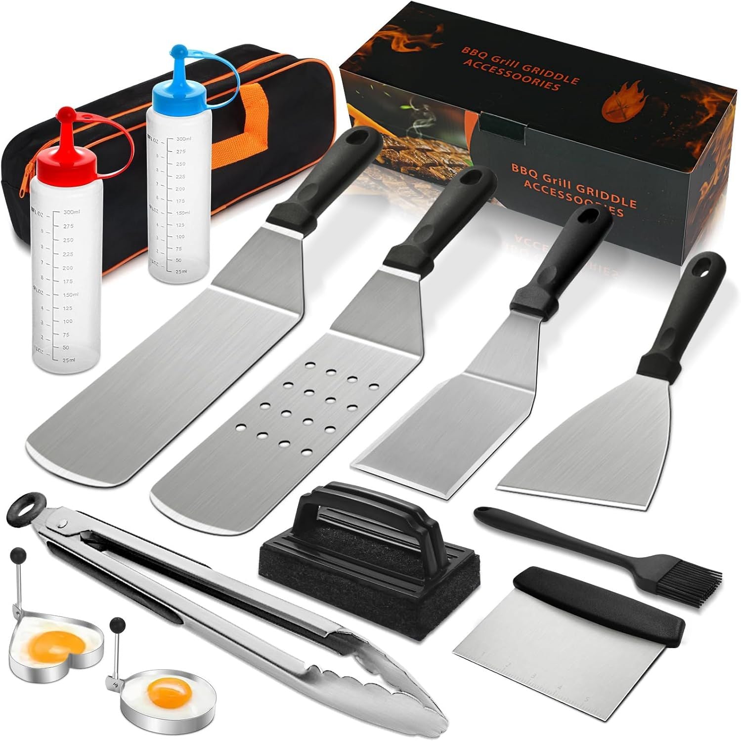 14PCS Stainless Steel BBQ Griddle Tool Kit with Carry Bag, Flat Top Grill Accessories Set for Blackstone and Camp Chef - 4 Grill Spatulas, Tong, Scraper, 2 Oil Bottles and Heart / Round Egg Rings for Outdoor Barbecue