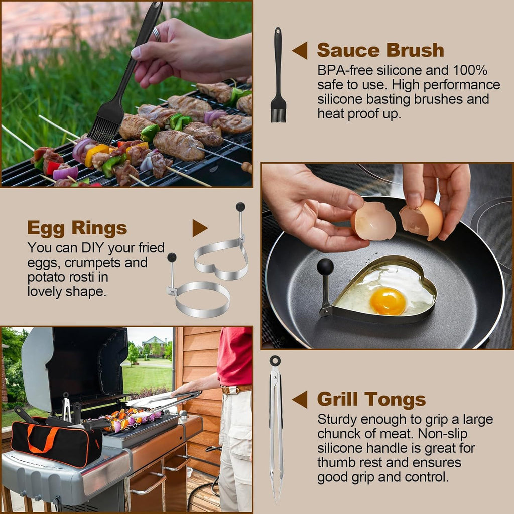 14PCS Stainless Steel BBQ Griddle Tool Kit with Carry Bag, Flat Top Grill Accessories Set for Blackstone and Camp Chef - 4 Grill Spatulas, Tong, Scraper, 2 Oil Bottles and Heart / Round Egg Rings for Outdoor Barbecue