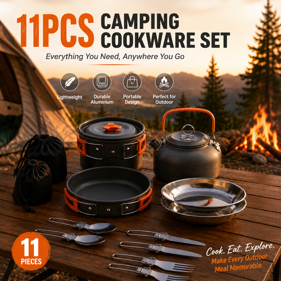 11PCS Orange Camping Cookware Set – Lightweight Aluminium Camping Pots, Frying Pan, Kettle & Stainless Steel Cutlery, Portable Non-Stick Outdoor Cooking Set for 2-3 Person Camping, Hiking, Backpacking & Picnic - Flavour Fushion Cooking Shop