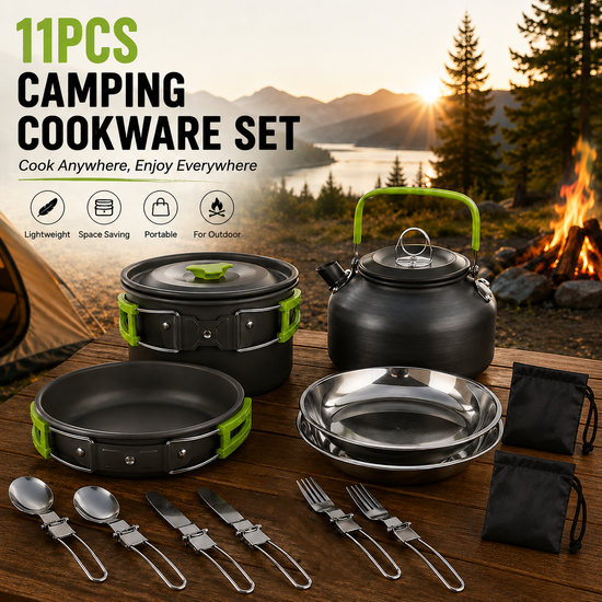 11PCS Green Camping Cookware Set – Lightweight Aluminium Camping Pots, Frying Pan, Kettle & Stainless Steel Cutlery, Portable Non-Stick Outdoor Cooking Set for 2-3 Person Camping, Hiking, Backpacking & Picnic - Flavour Fushion Cooking Shop