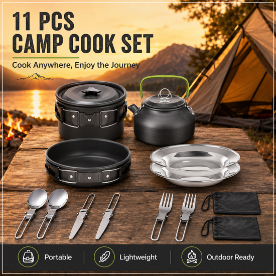 11PCS Black Camping Cookware Set – Lightweight Aluminium Camping Pots, Frying Pan, Kettle & Stainless Steel Cutlery, Portable Non-Stick Outdoor Cooking Set for 2-3 Person Camping, Hiking, Backpacking & Picnic - Flavour Fushion Cooking Shop