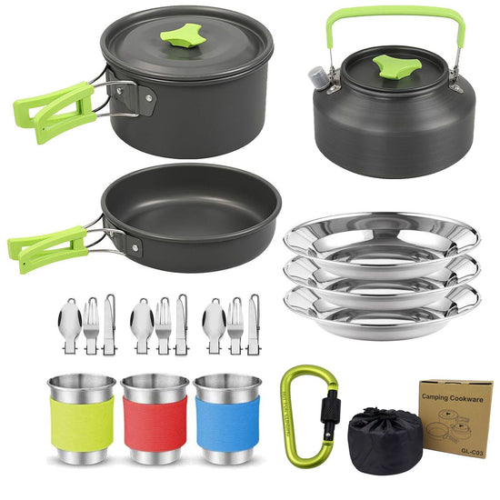 Green Camping Cookware Set for 2–3 People – Portable Outdoor Cooking Pot, Frying Pan & 1.1L Kettle Kit with Stainless Steel Plates, Cups & Cutlery, Lightweight Non-Stick Camping Cook Set for Hiking, Picnic, Backpacking & RV Travel - Flavour Fushion Cooking Shop