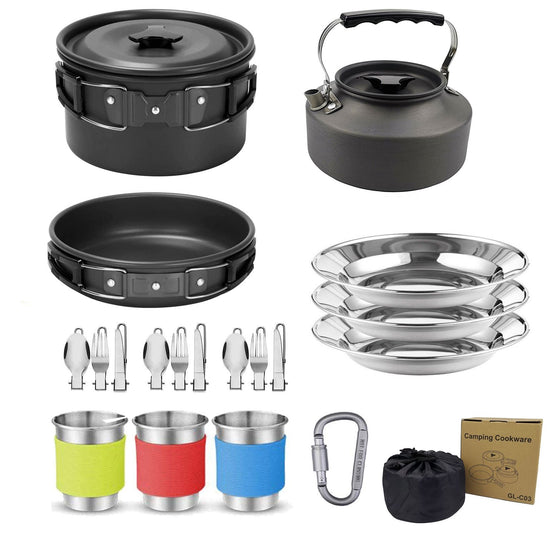 Black Camping Cookware Set for 2–3 People – Portable Outdoor Cooking Pot, Frying Pan & 1.1L Kettle Kit with Stainless Steel Plates, Cups & Cutlery, Lightweight Non-Stick Camping Cook Set for Hiking, Picnic, Backpacking & RV Travel - Flavour Fushion Cooking Shop