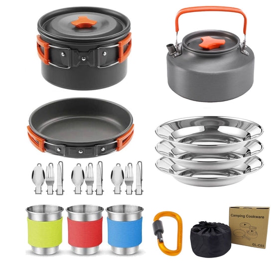 Orange Camping Cookware Set for 2–3 People – Portable Outdoor Cooking Pot, Frying Pan & 1.1L Kettle Kit with Stainless Steel Plates, Cups & Cutlery, Lightweight Non-Stick Camping Cook Set for Hiking, Picnic, Backpacking & RV Travel - Flavour Fushion Cooking Shop
