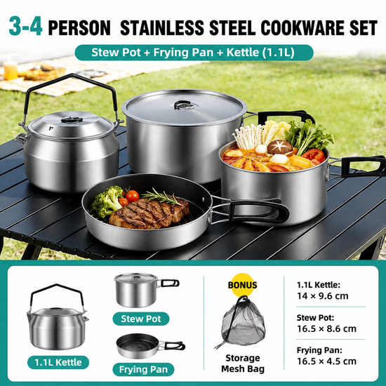 3-Piece Food Grade Stainless Steel Camping Cookware Set with 1.1L Kettle, Medium Stew Pot and Medium Frying Pan - Hangable and Foldable, Compact Nesting Storage, Anti Scald Wrapped Handle - Flavour Fushion Cooking Shop