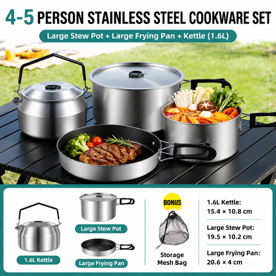 3-Piece Food Grade Stainless Steel Camping Cookware Set with 1.6L Kettle, Large Stew Pot and Large Frying Pan - Hangable and Foldable, Compact Nesting Storage, Anti Scald Wrapped Handle - Flavour Fushion Cooking Shop