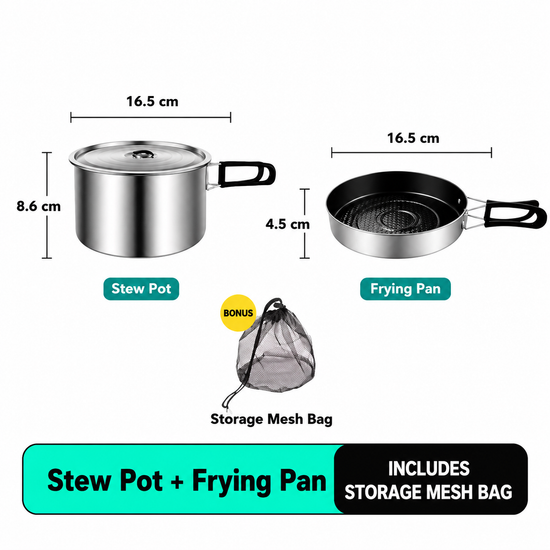 2-Piece Food Grade Stainless Steel Camping Cookware Set with Medium Stew Pot and Medium Frying Pan - Hangable and Foldable, Compact Nesting Storage, Anti Scald Wrapped Handle - Flavour Fushion Cooking Shop