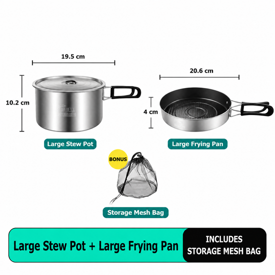 2-Piece Food Grade Stainless Steel Camping Cookware Set with Large Stew Pot and Large Frying Pan - Hangable and Foldable, Compact Nesting Storage, Anti Scald Wrapped Handle - Flavour Fushion Cooking Shop