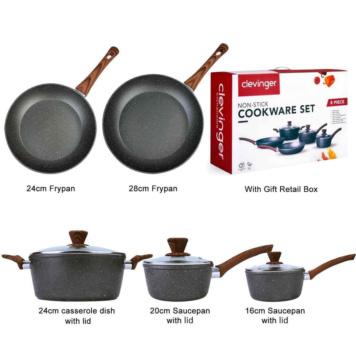 5Pieces Non-Stick Marble Coating Saucepan/Casserole/Fry Pan Cookware Set - Flavour Fushion Cooking Shop