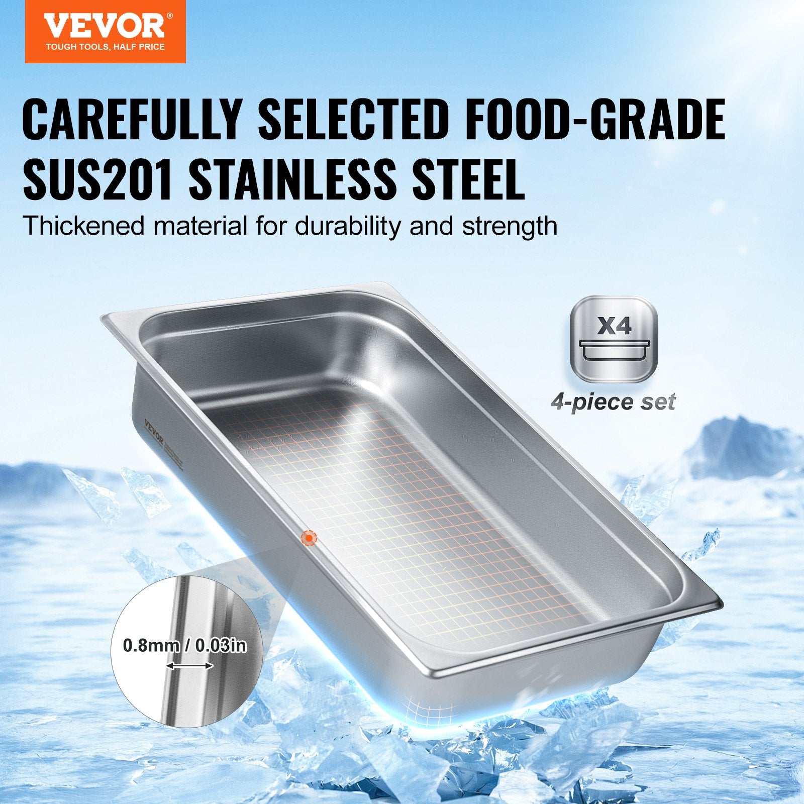 4 Pack Hotel Pans, Full Size Anti-Jam Steam Pan with Lid, 0.8mm Thick Stainless Steel Steam Table Pan, 4-Inch Deep Commercial Table Pan, Catering Storage Food Pan, for Industrial & Scientific
