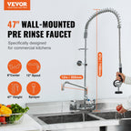 Commercial Faucet with Pre-Rinse Sprayer, 47" Height, 8" Center, 12" Swing Spout