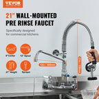 Commercial Faucet with Pre-Rinse Sprayer, 21" Height, 8" Center, 12" Swing Spout